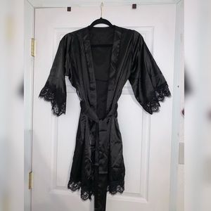 Lace trim black satin robe